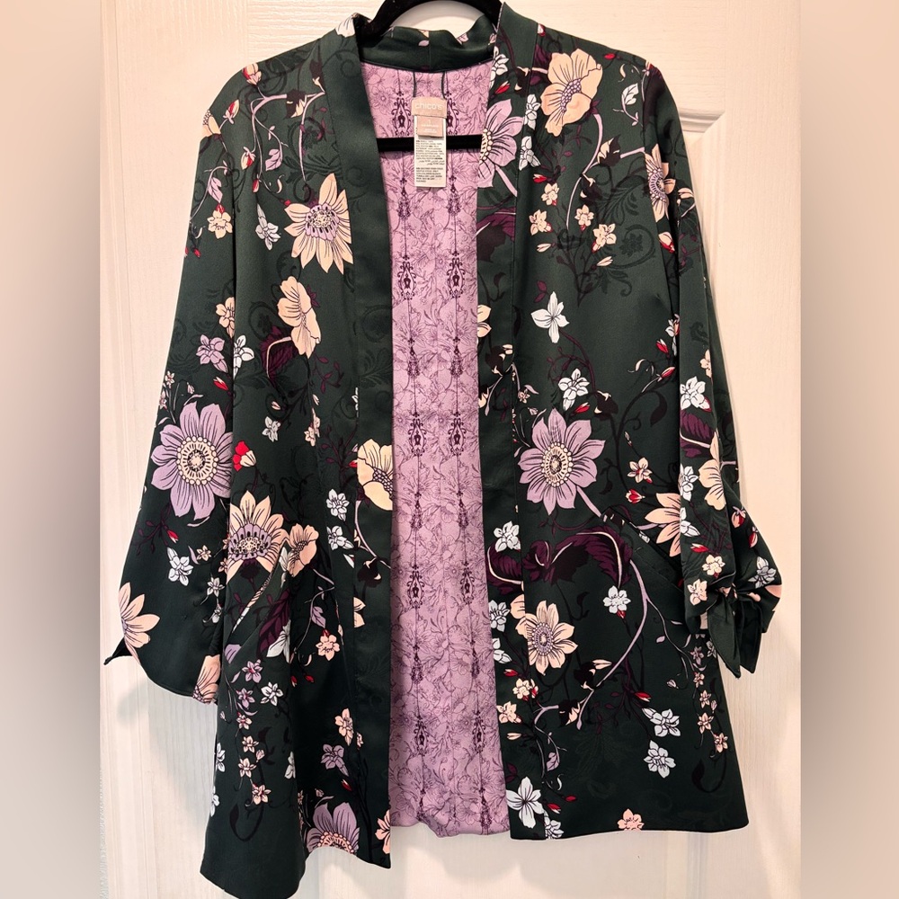Chic Floral Kimono Jacket (Chico’s) – Dark Green with Lavender Lining Size 8/10